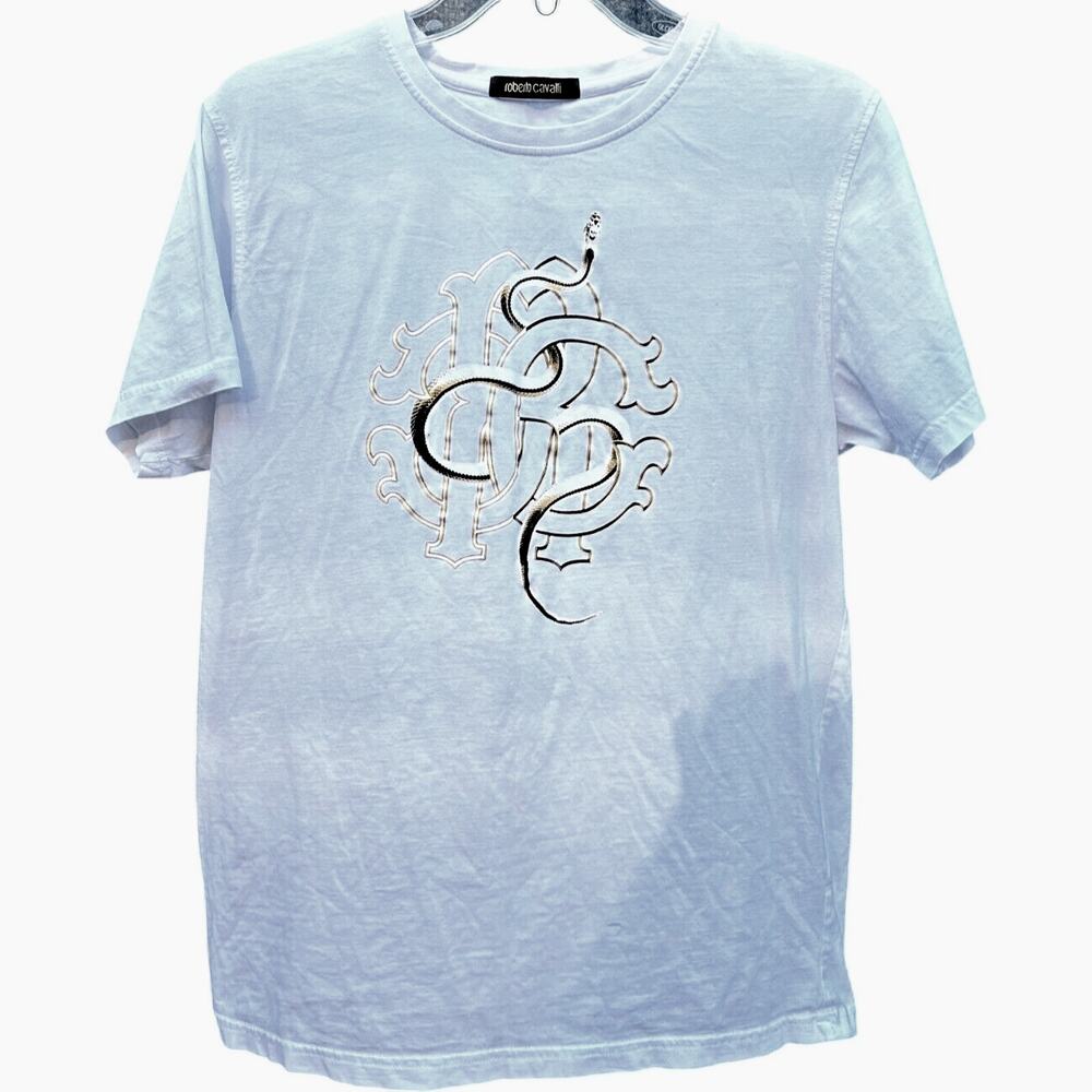 Roberto Cavalli T Shirt Mens Large White Monogram Snake Casual Comfort Retro